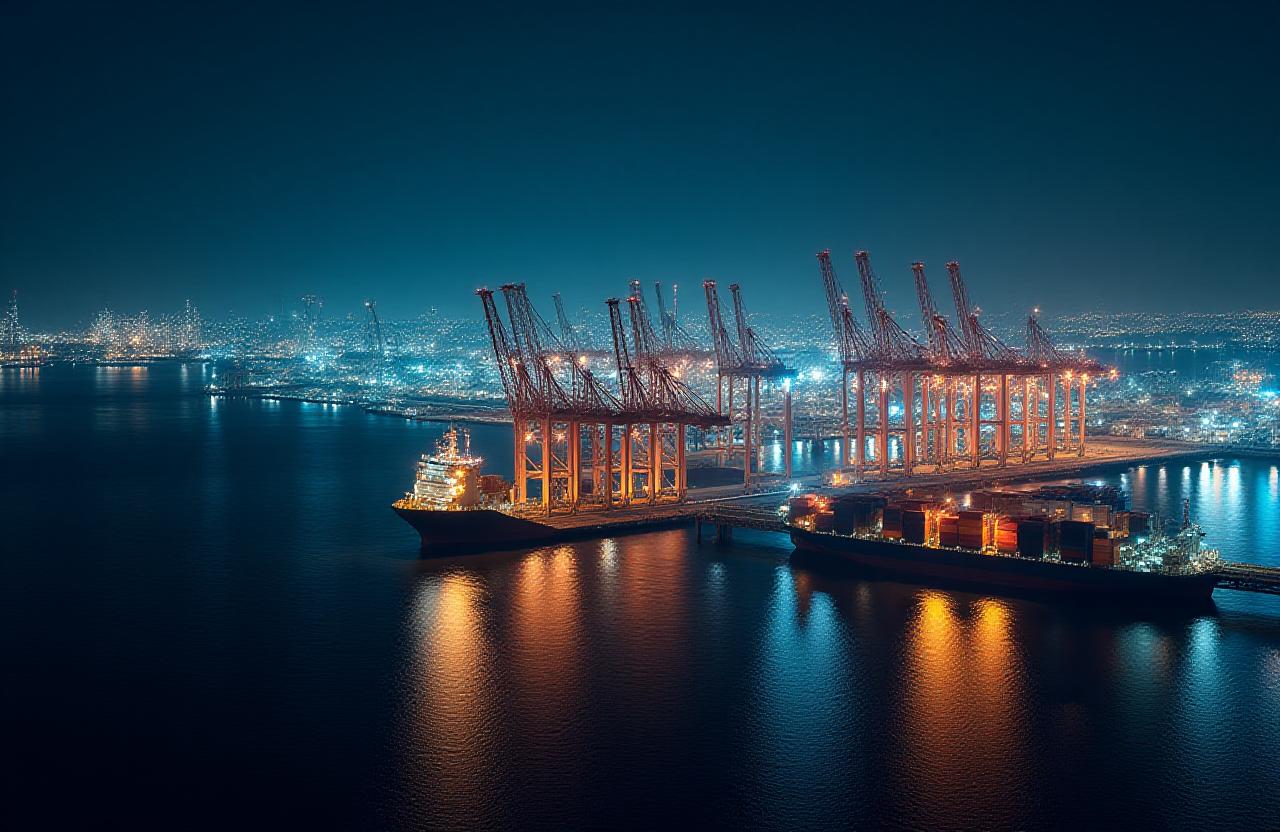 Global logistics hub at night